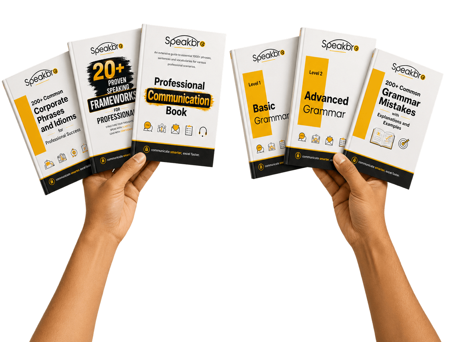 A hand holding SpeakBro's Grammar Mistakes and Corporate Phrases eBooks